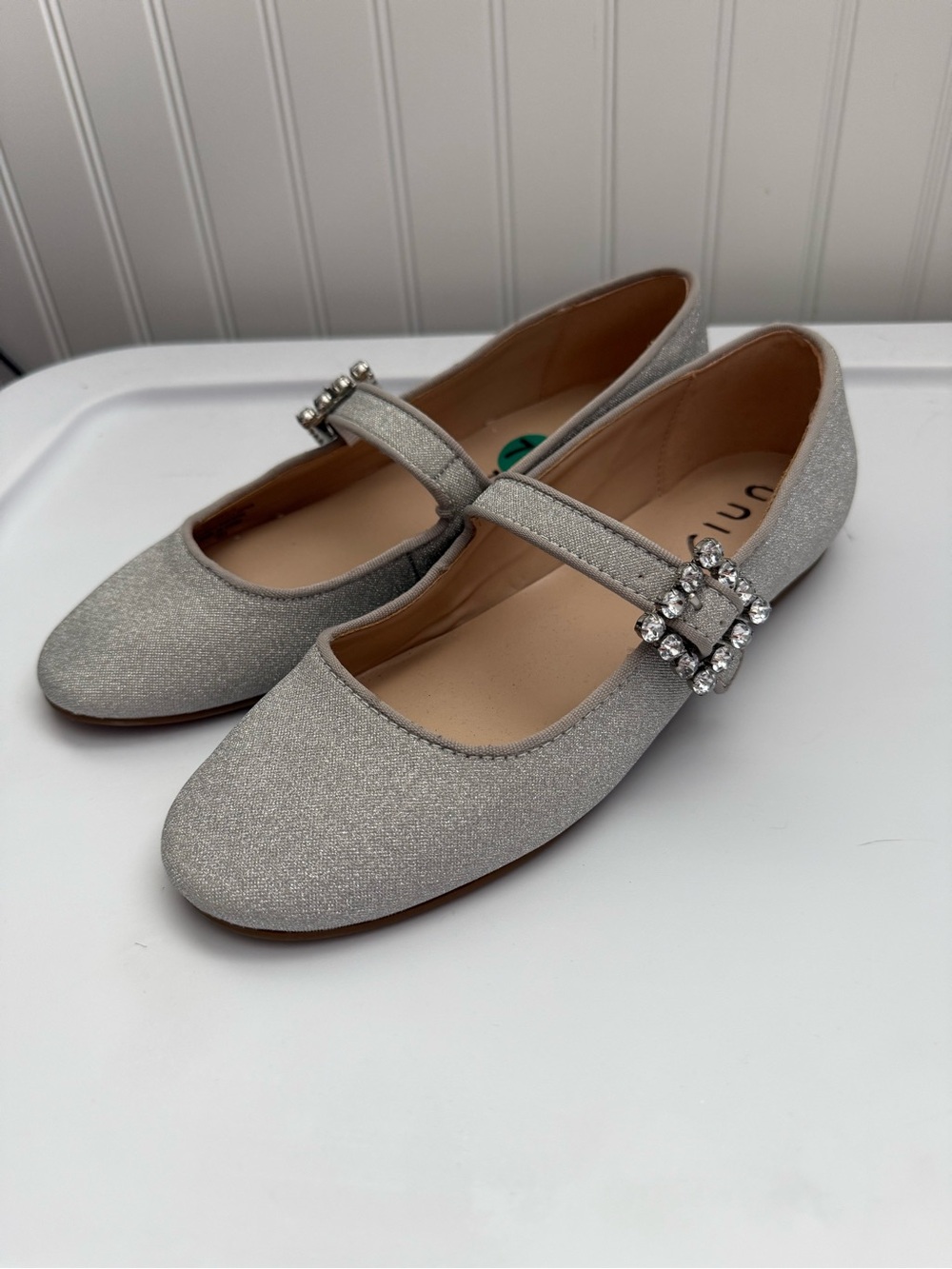Unisa Silver Glitter Mary Jane Flats with Crystal Buckle